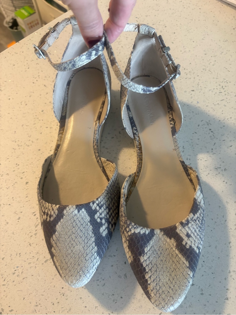 Calvin Klein Snake-Print Pointed-Toe Ankle-Strap Flats - Gray & Cream